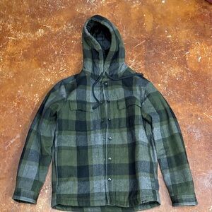 Wool Prana Olive and Charcoal Plaid Hooded Jacket with quilt lining